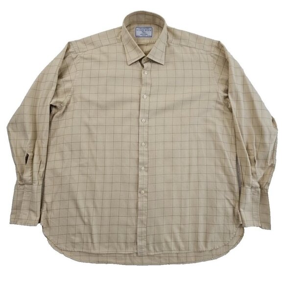 Charles Tyrwhitt French Cuff Shirt Men's 18/37 Tan Windowpane Classic Fit EUC - Picture 1 of 13